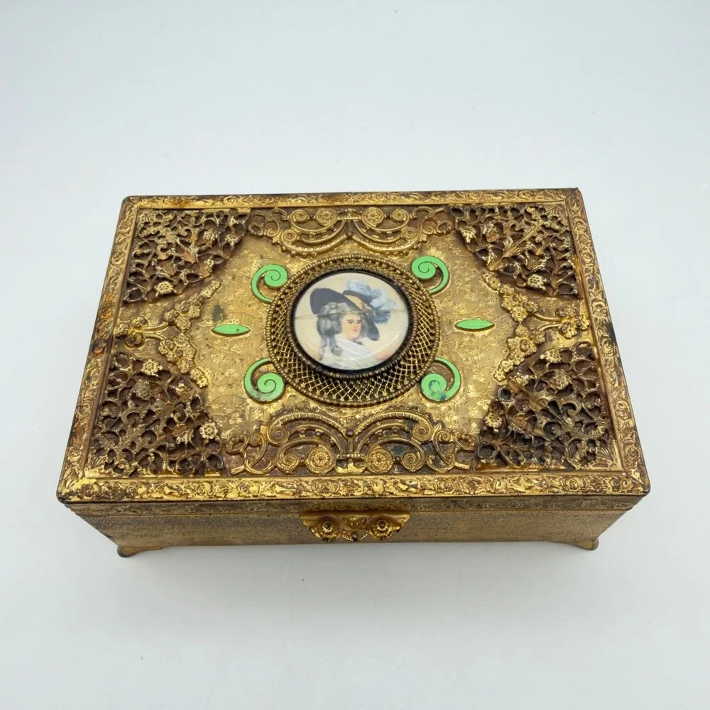 Vintage Empire Art Gold E & J B Filigree Jewelry Box Portrait Miniature Enamel